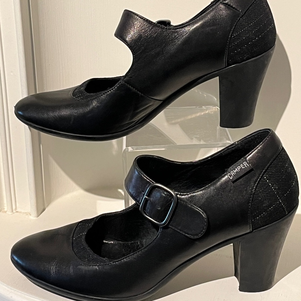 Camper Black Leather Mary Jane Heels